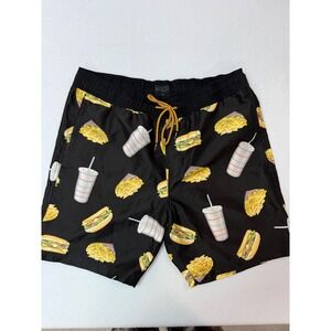 Valor Collective Mens Black Fast Food Print Swim Trunks Shorts Medium Burger Fry